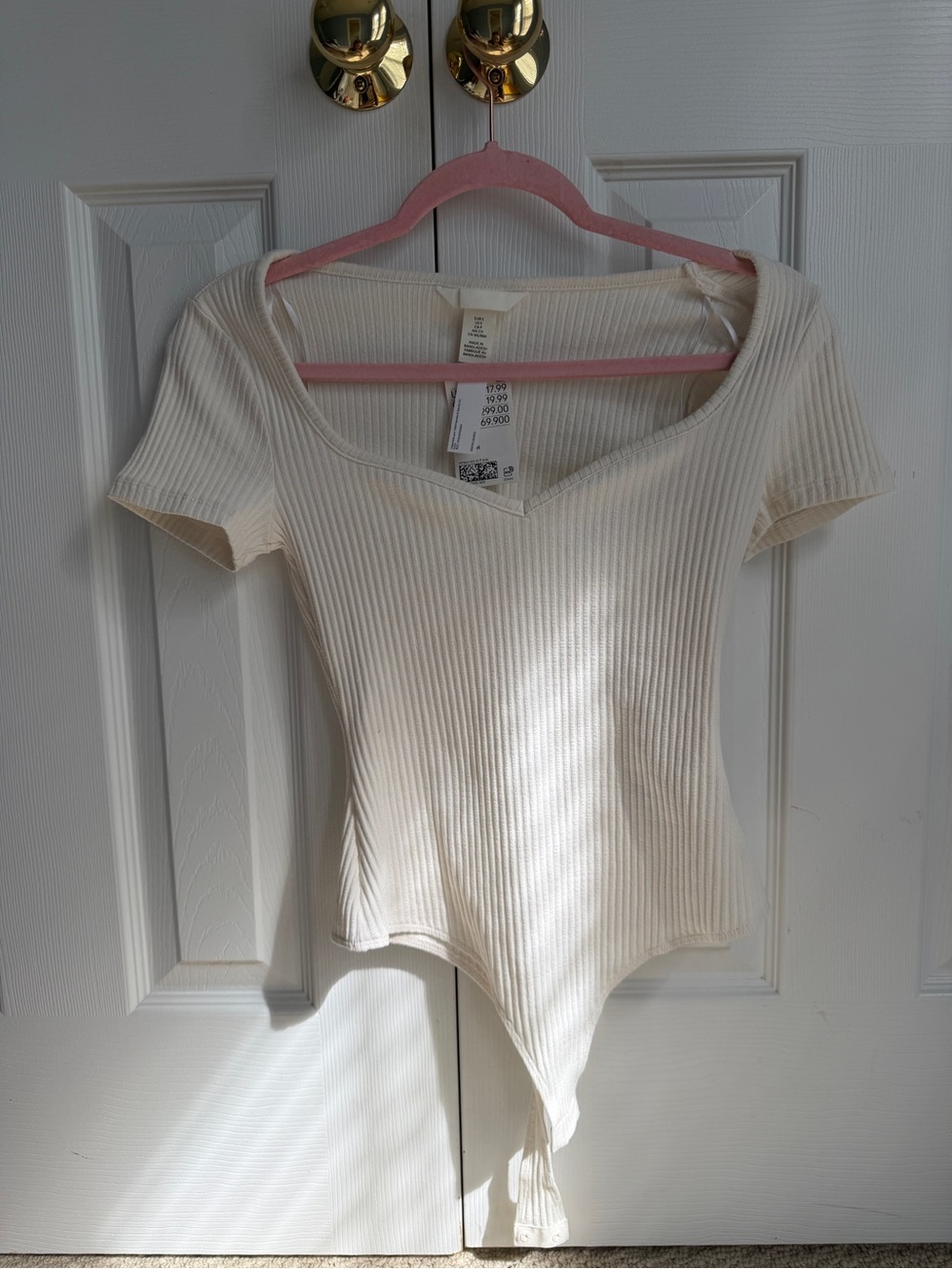 H&M Ribbed V-Neck Cream Short-Sleeve Bodysuit